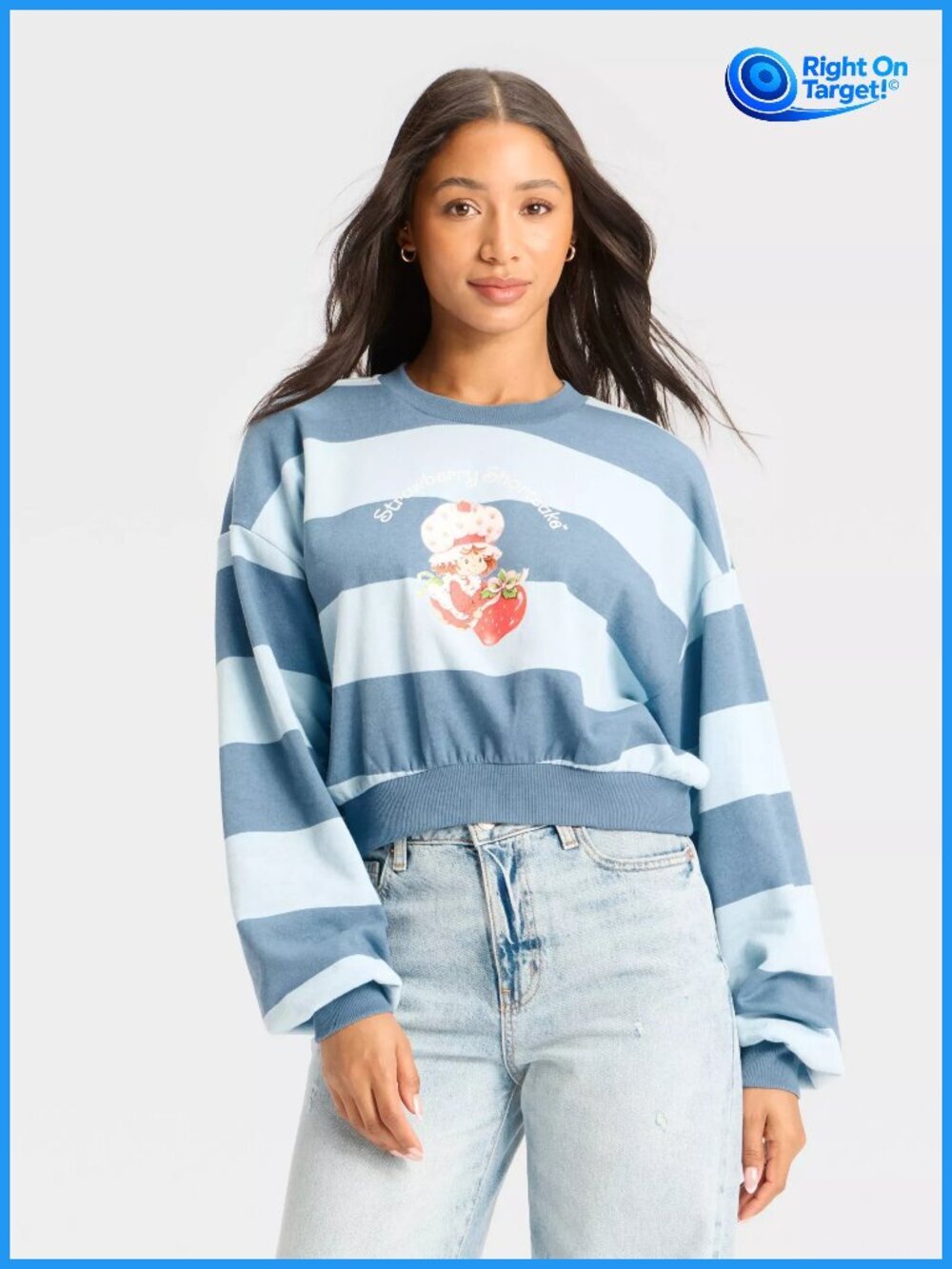 XL - Womens Strawberry Shortcake Striped Cropped Fleece Sweatshirt - Blue Stripe
